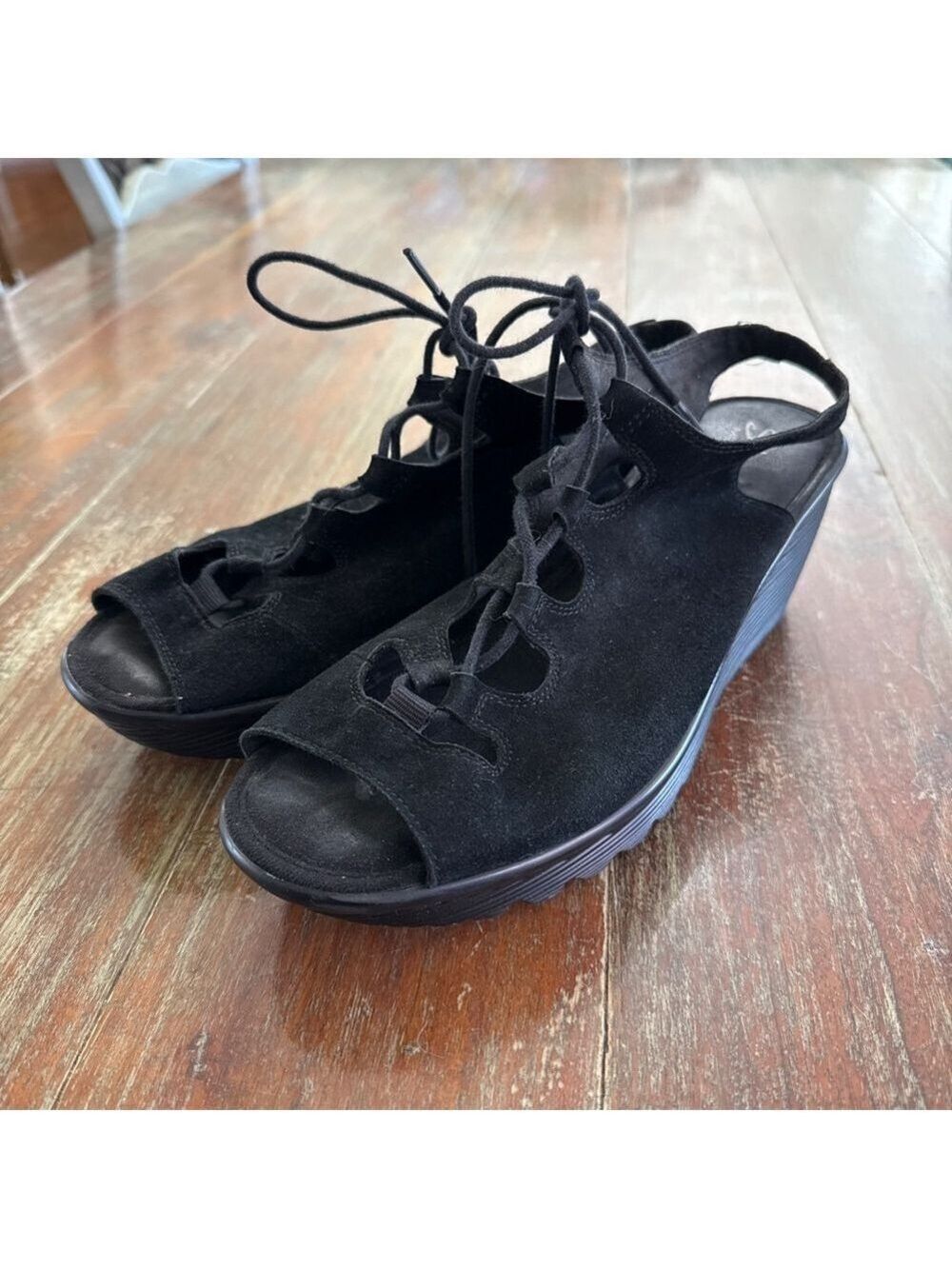 Skechers Black Suede Ghillie Lace-Up Peep Toe Wedges - Women's Size 9.5